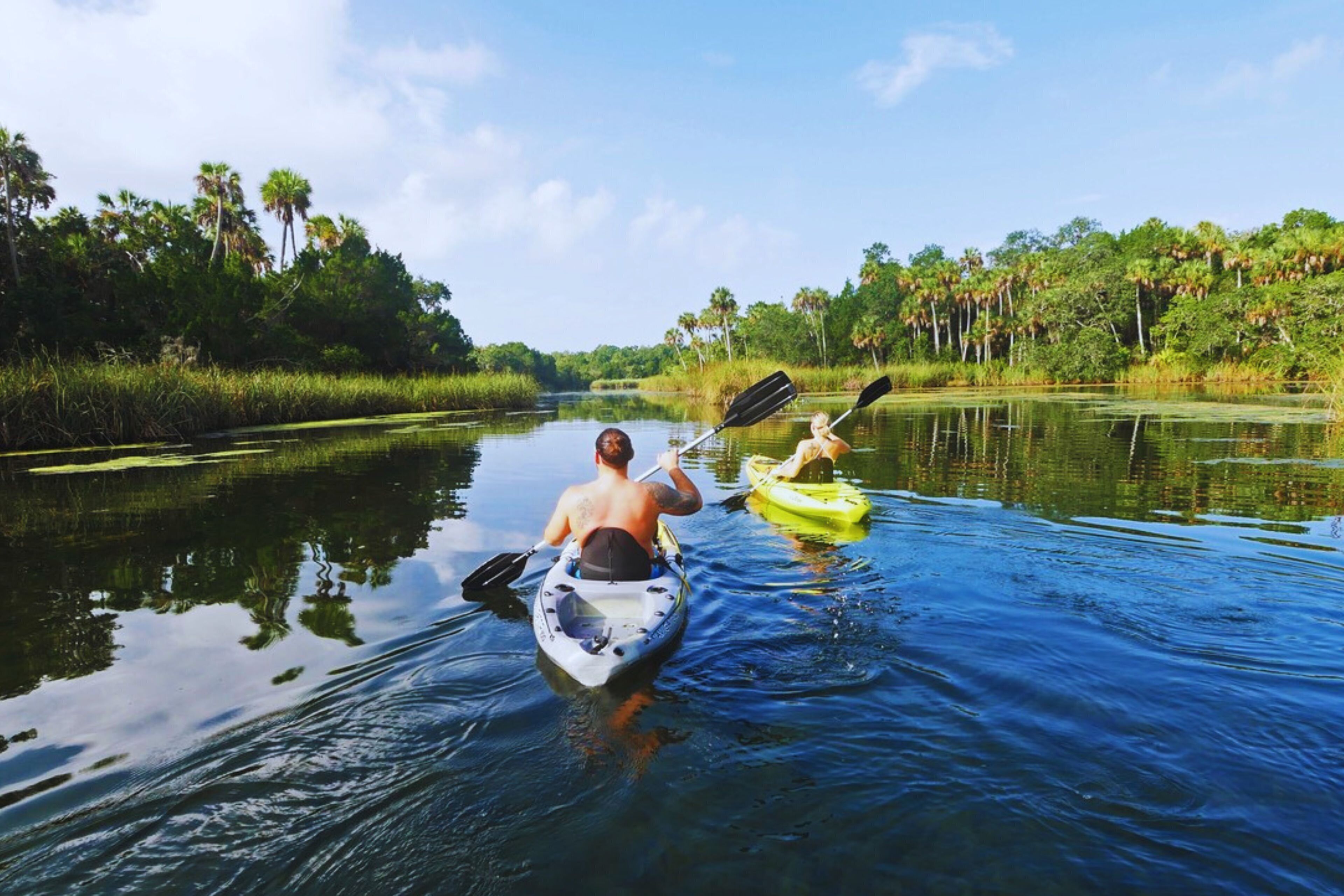 Two kayaks on a calm river surrounded by dense greenery.