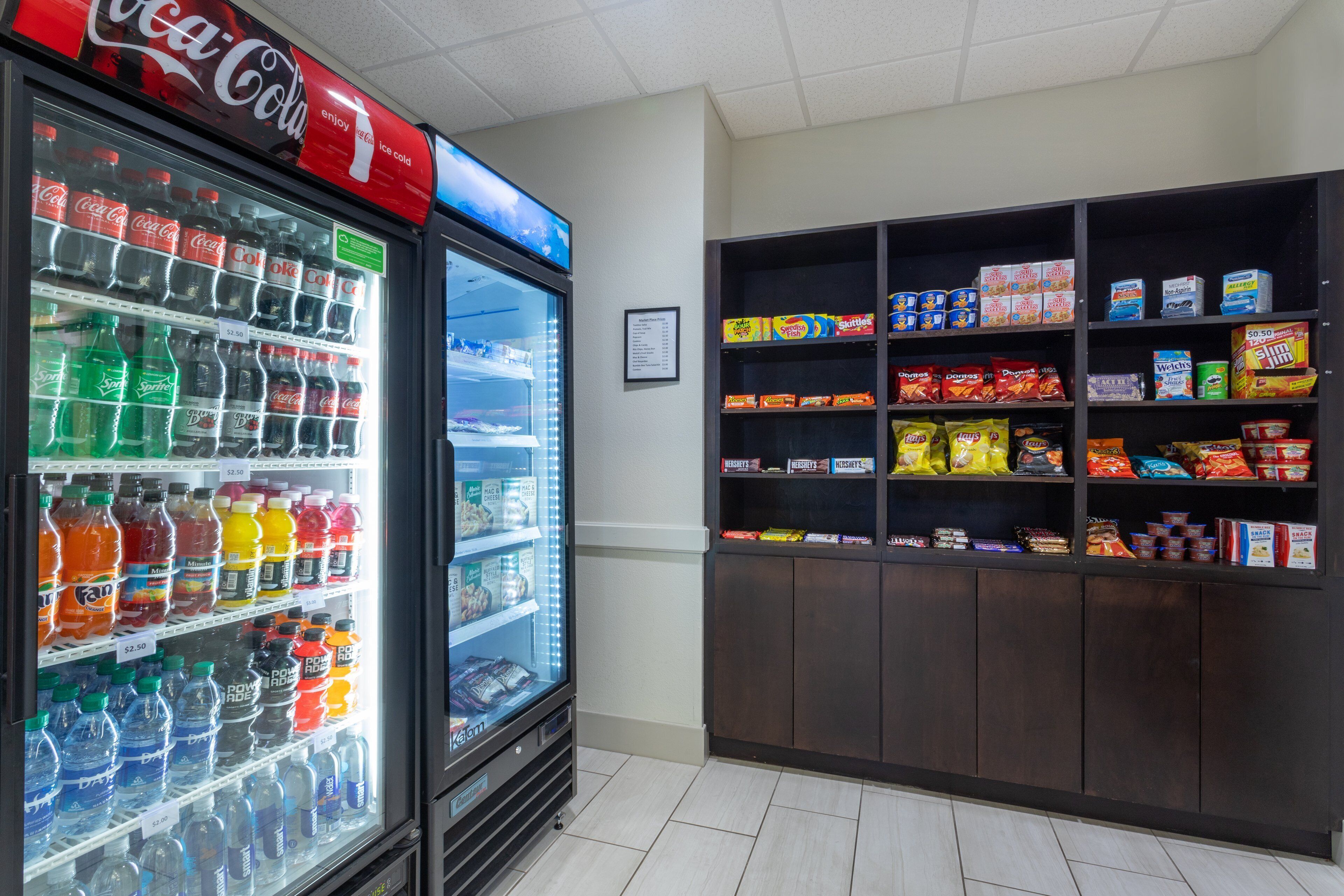 A vending machine stocked with various beverages and snacks.