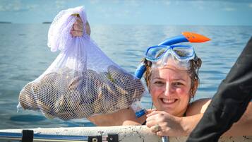A boat with a person wearing a snorkel mask and a net bag.