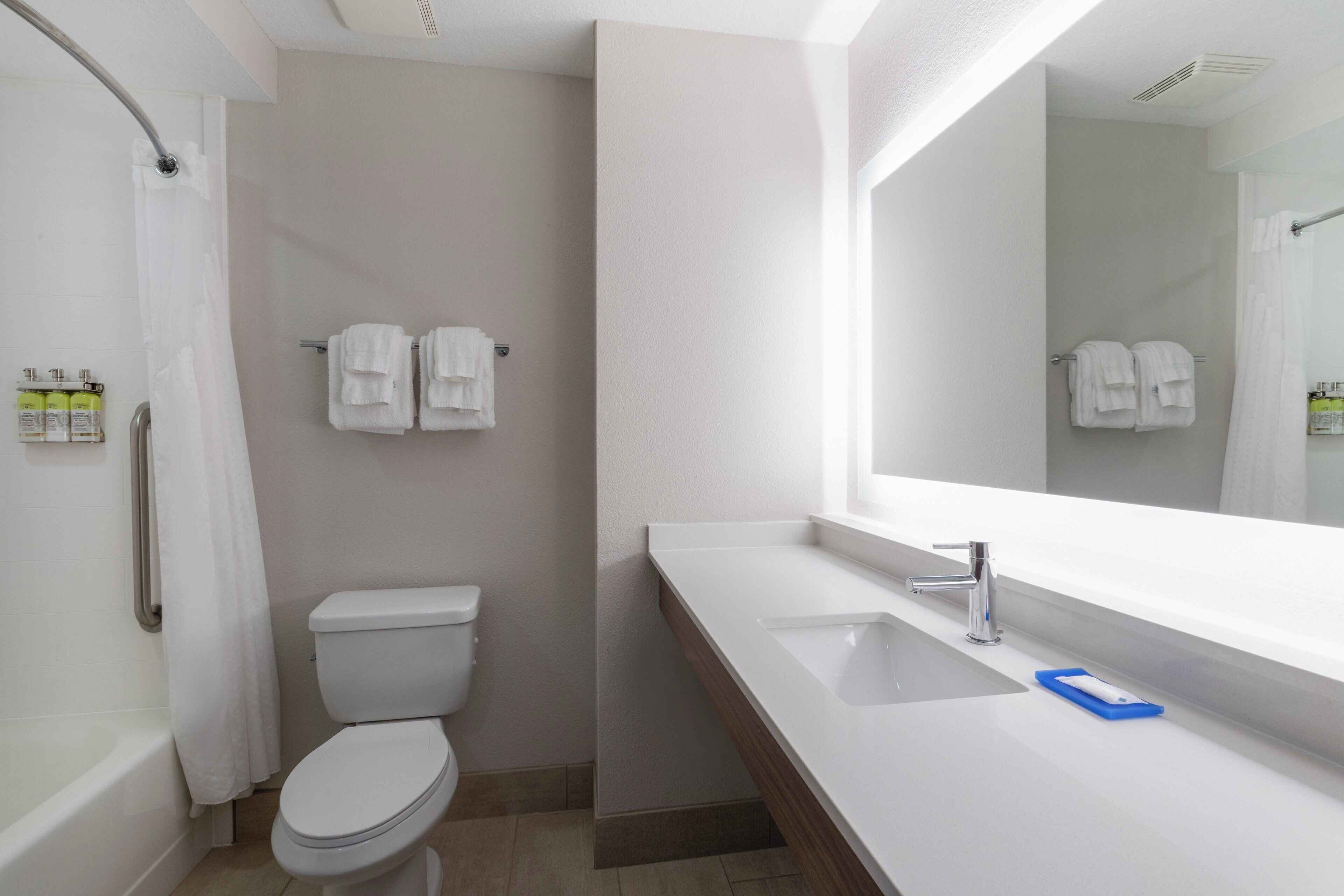 Un baño con inodoro blanco, lavabo con espejo y zona de ducha.