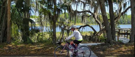 A cyclist on a paved path surrounded by trees with Spanish moss, a wooden dock, and a body of water in the background.