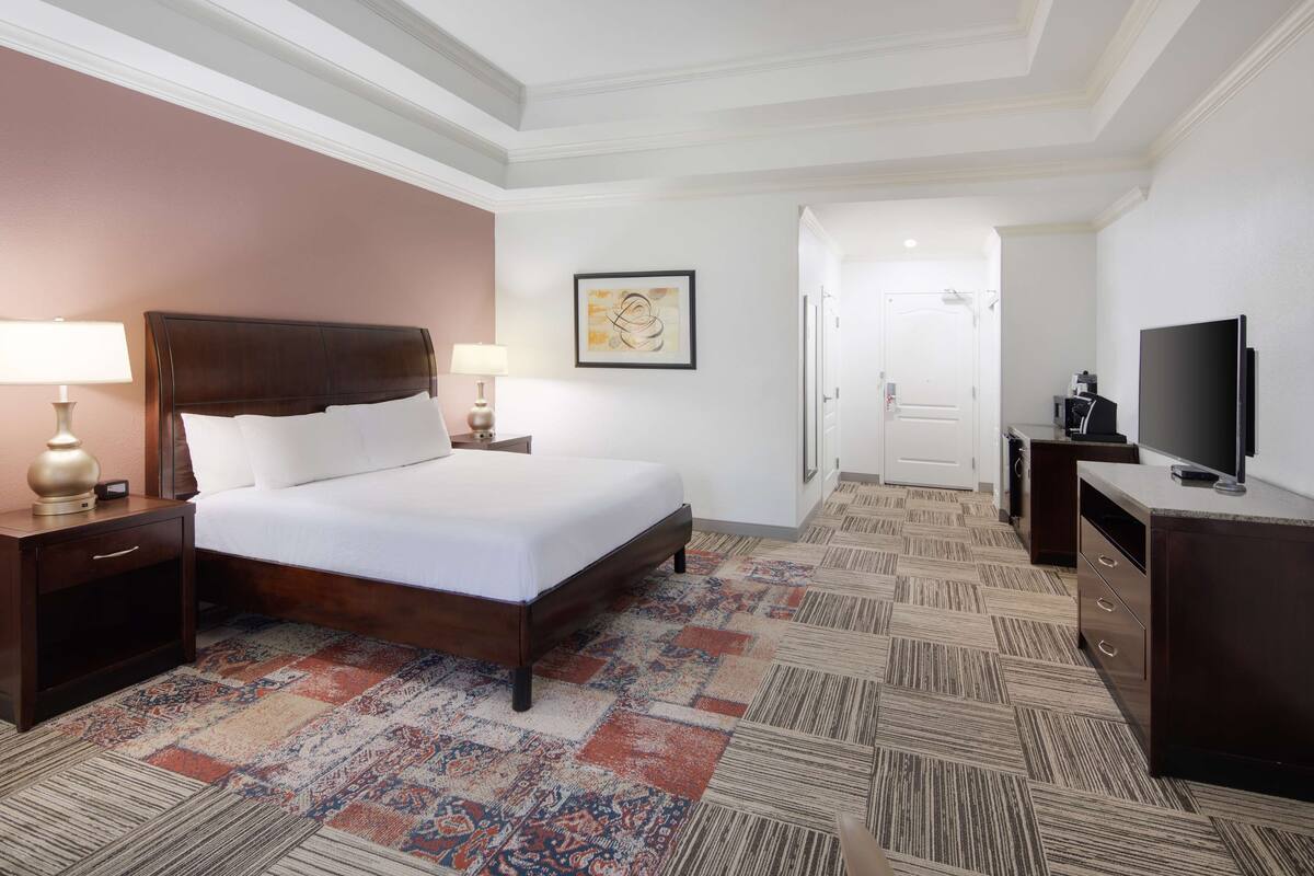 A hotel room with a large bed, a TV, a desk, and a patterned carpet.