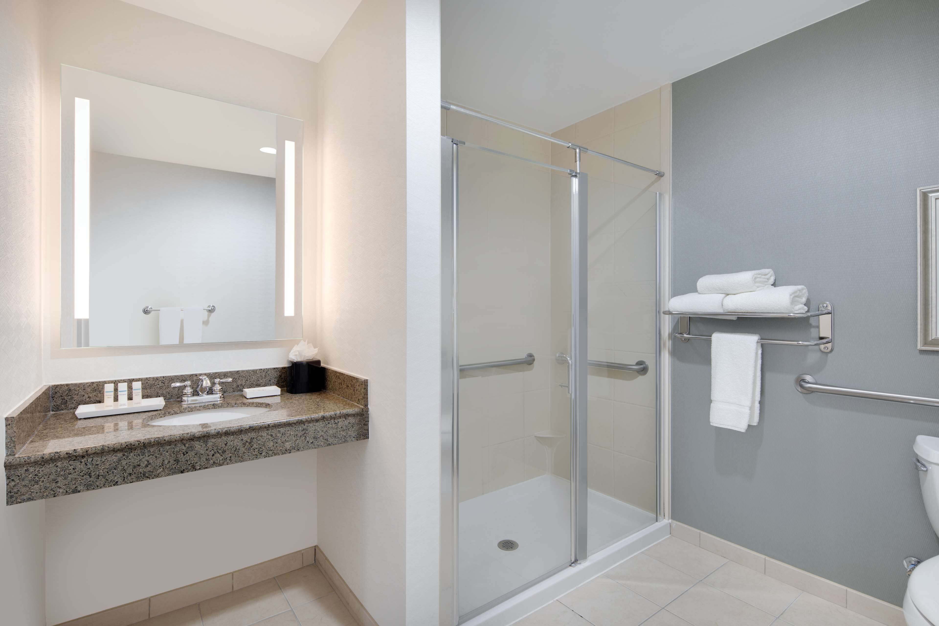 A modern bathroom with a granite countertop, a glass shower enclosure, and a toilet with a towel rack.