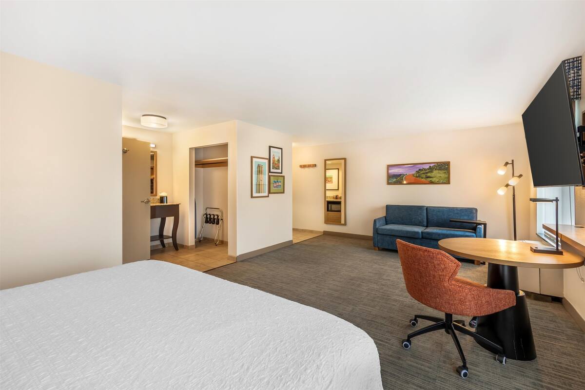 A hotel room with a bed, a desk, a chair, a sofa, and a TV.