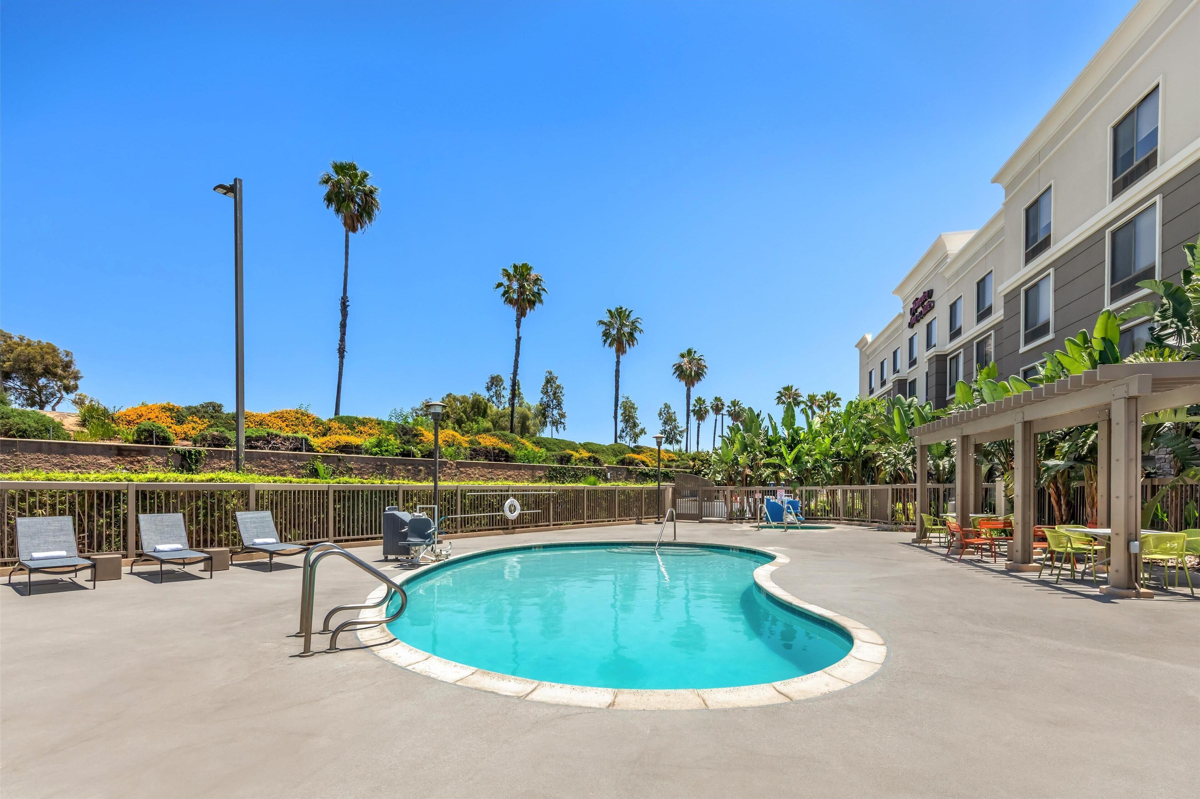 outdoor pool, pool loungers