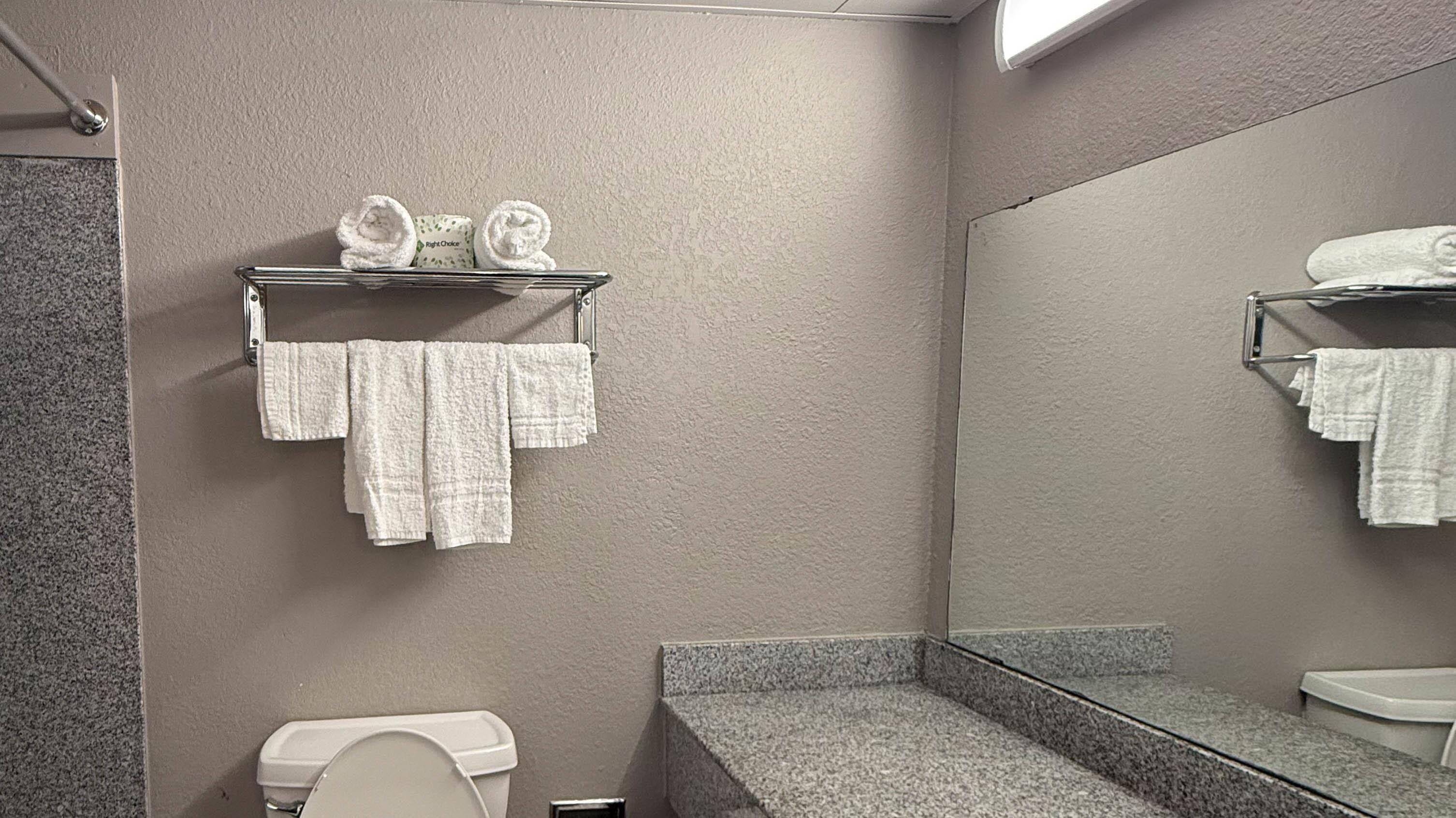 A bathroom with a toilet, a sink, a mirror, and a towel rack with folded towels.