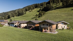 A row of wooden houses with balconies, set in a green valley with a forested hill in the background. - Ferienhof Oberreit (Bruck an der Grossglocknerstrasse)