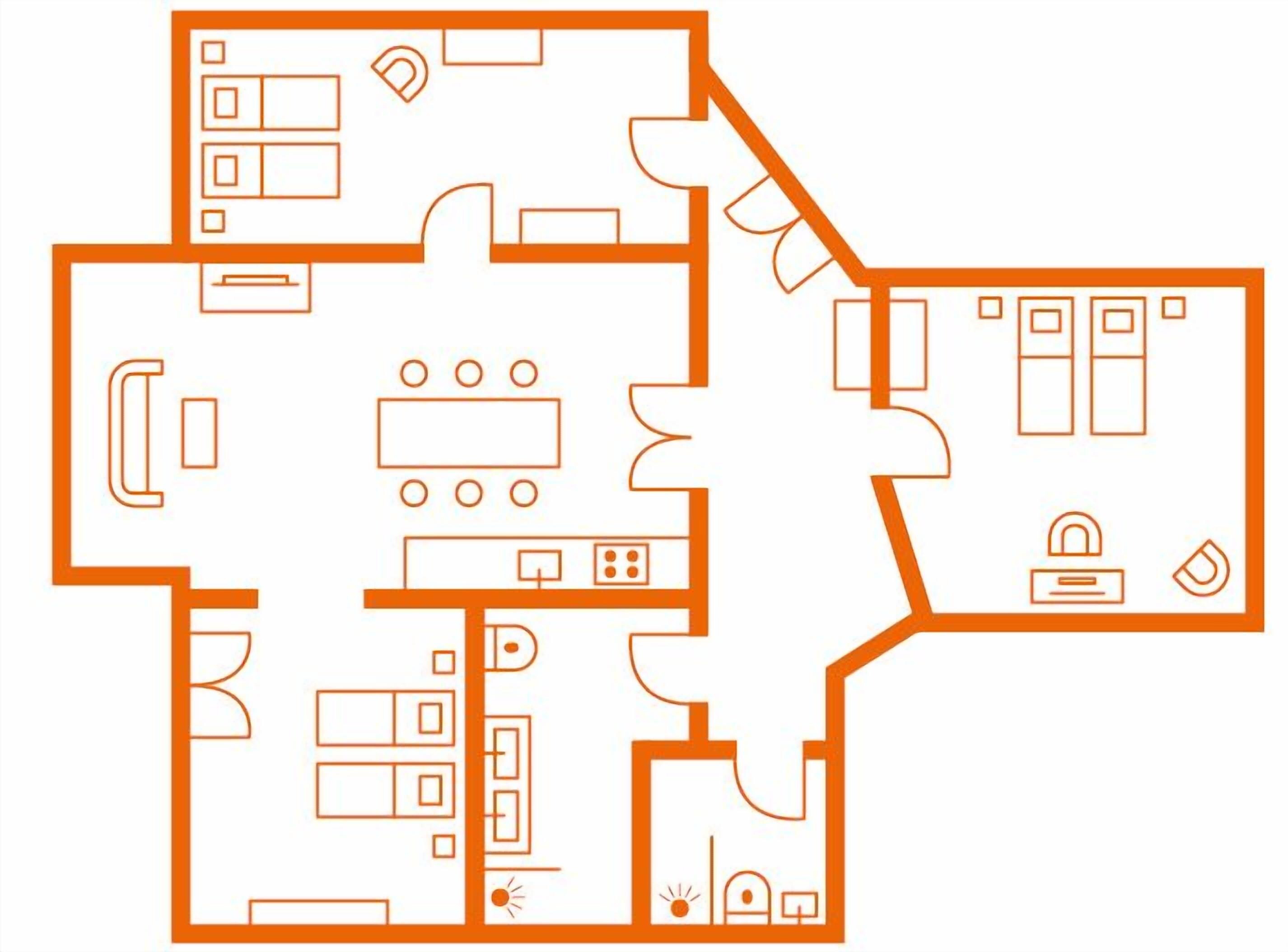 A floor plan with a kitchen, dining area, and a bedroom.