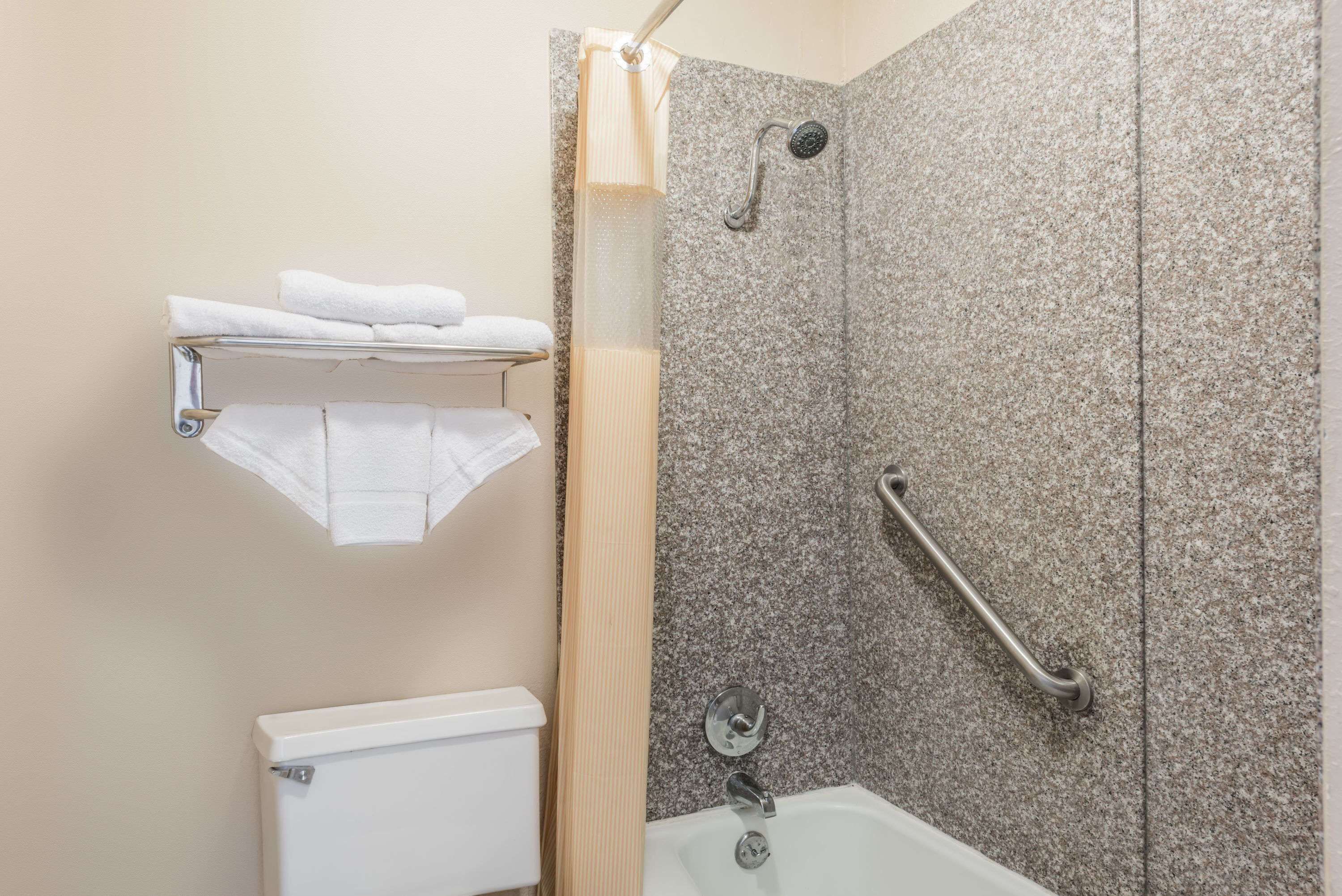 Ein Badezimmer mit Dusche, Toilette und Handtuchhalter.
