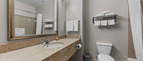 Une salle de bain avec un lavabo à dessus en granit, des toilettes, un miroir et un porte-serviettes.