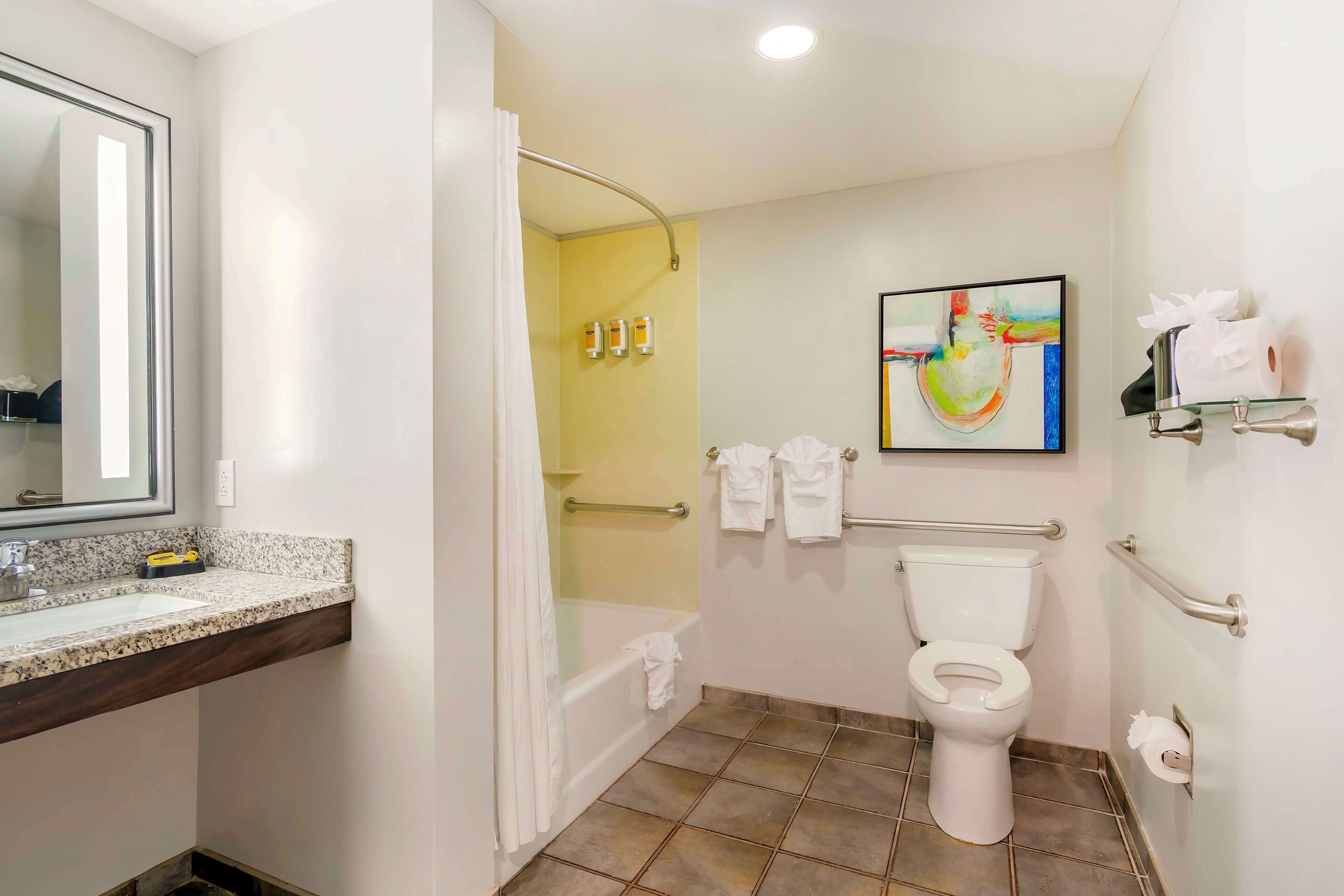 standard room, 1 king bed, accessible, refrigerator & microwave (living room) | bathroom | combined shower/bathtub, free toiletries, hair dryer, towels