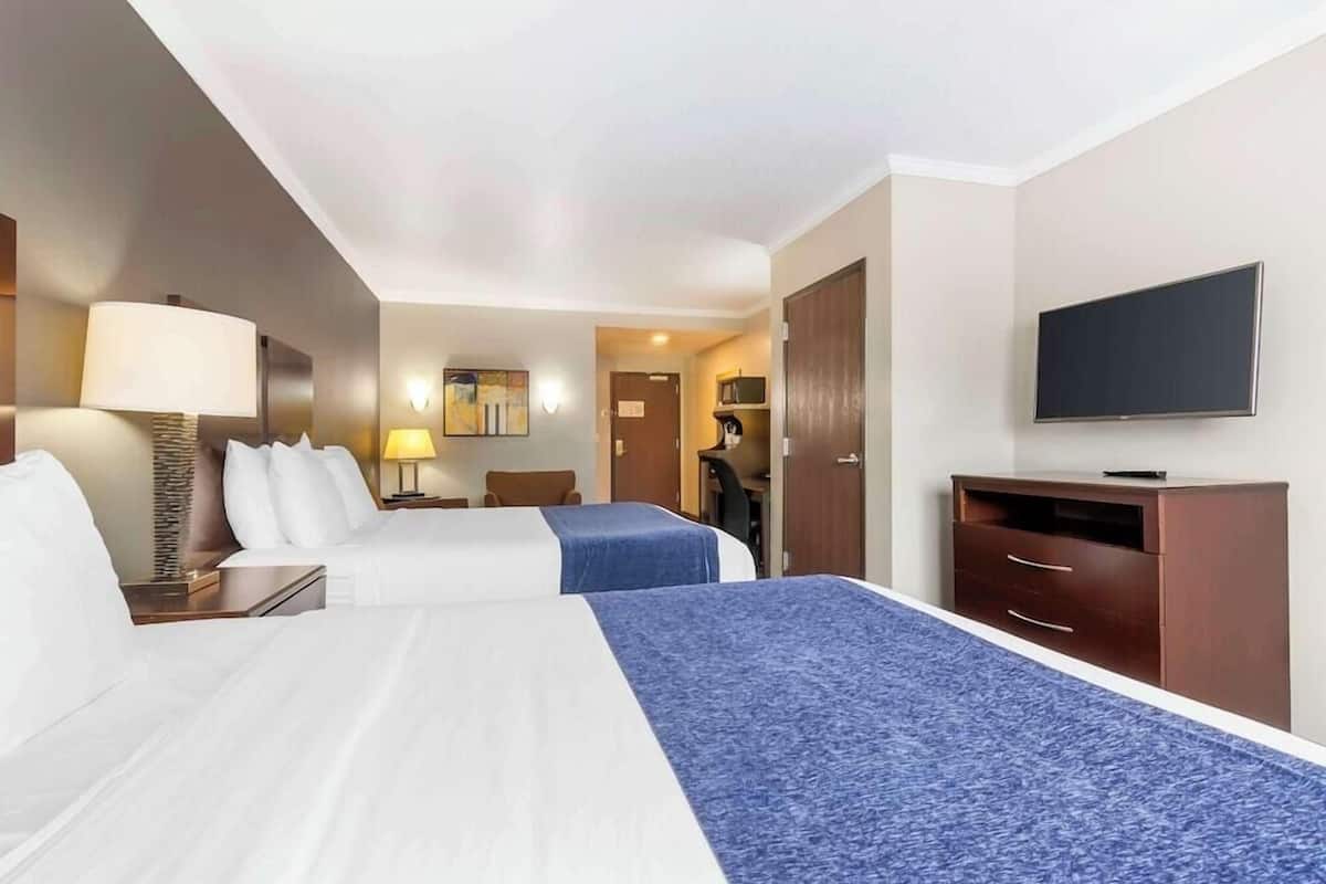 Una habitación de hotel con dos camas, televisión, escritorio y armario.