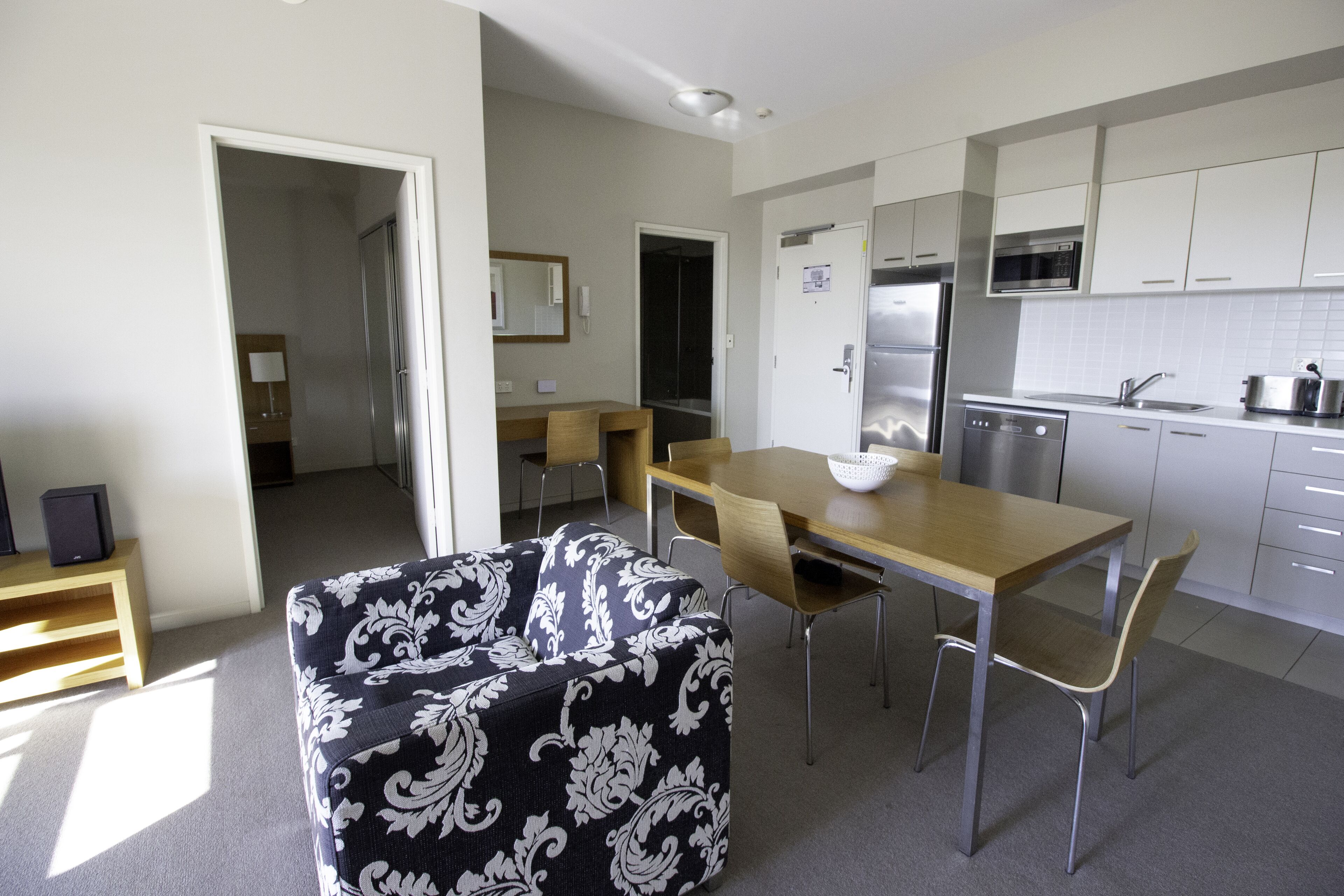 microwave, coffee/tea maker, electric kettle, cookware/dishes/utensils