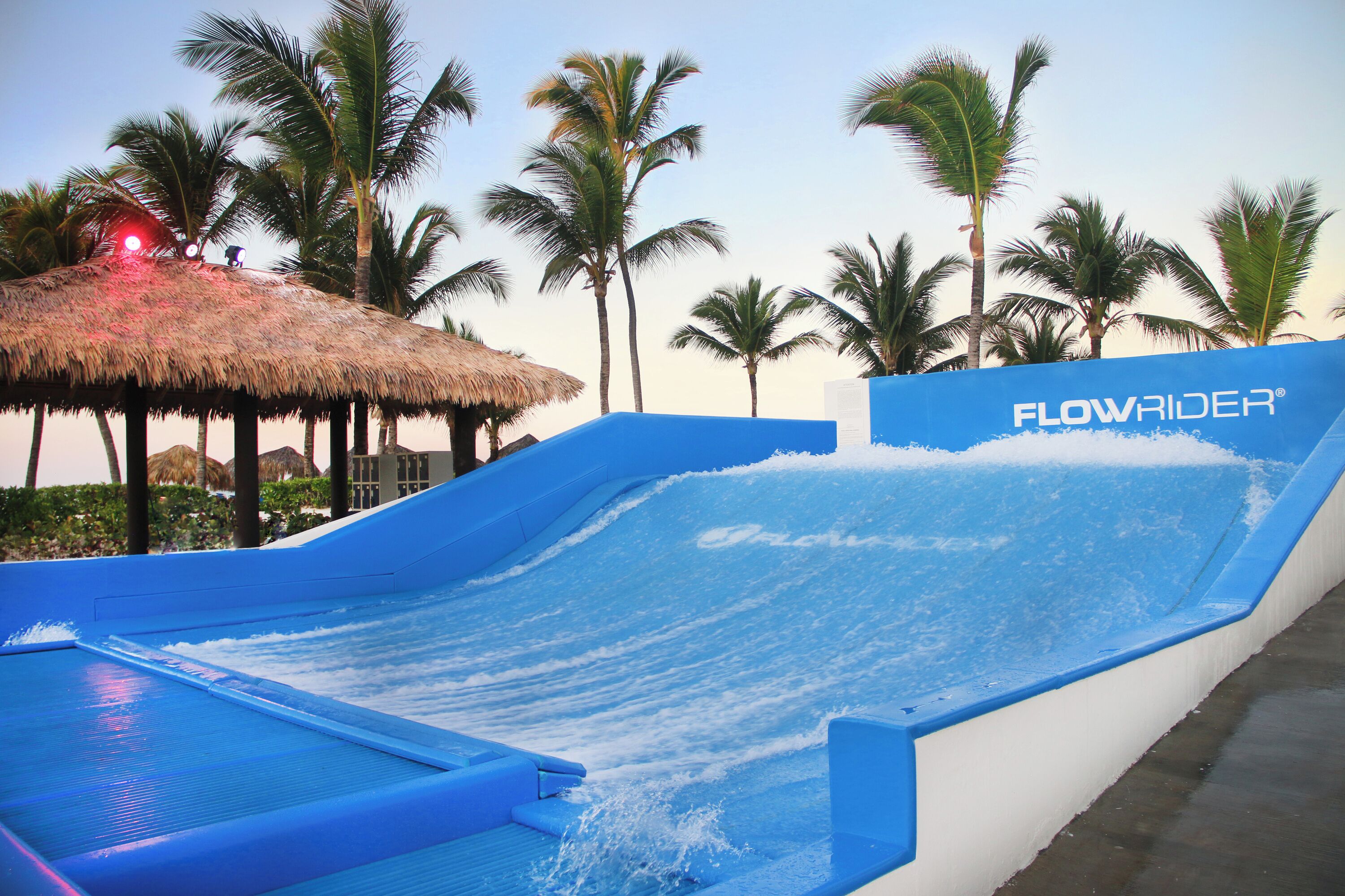 A water slide with a blue and white design, surrounded by palm trees and a thatched-roof structure.