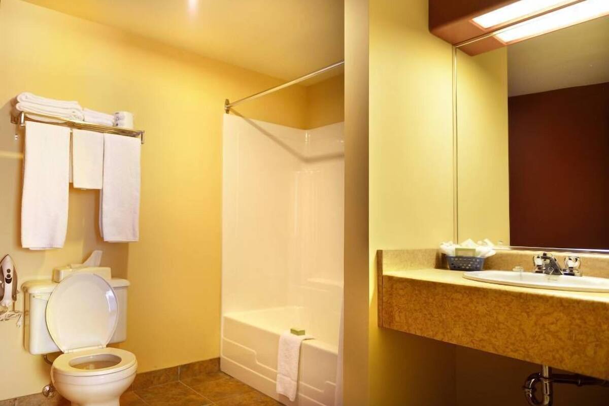 combined shower/bathtub, hair dryer, towels