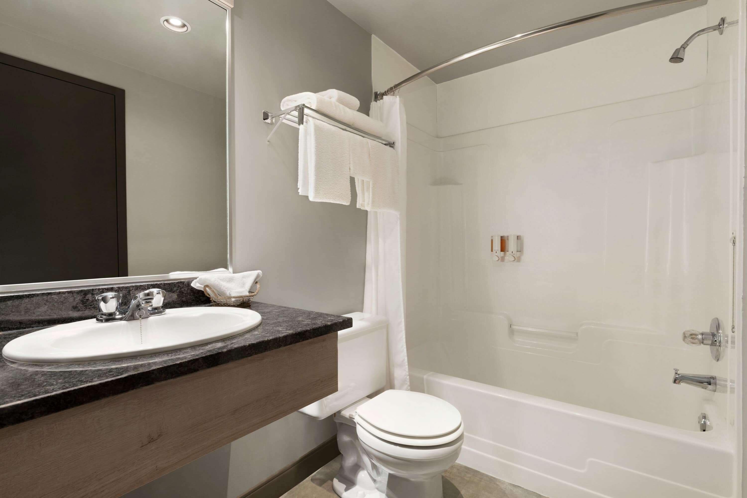 combined shower/bathtub, hair dryer, towels