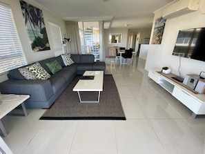 Two bedroom Apartment with Seaview Rooftop | Living area | 55-inch flat-screen TV with cable channels, Smart TV, DVD player - Seachange Coolum Beach (Coolum Beach)