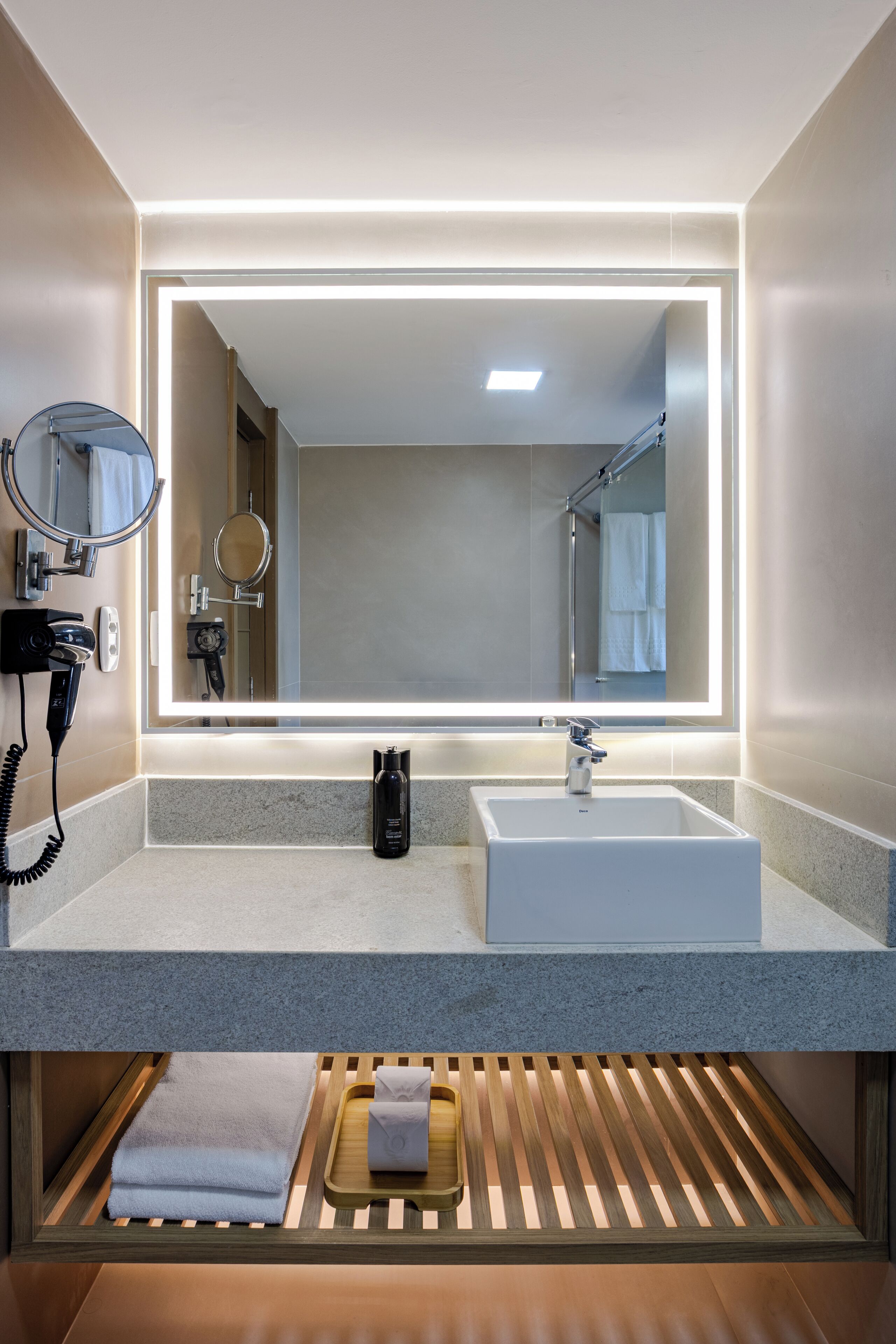 shower, eco-friendly toiletries, hair dryer, towels