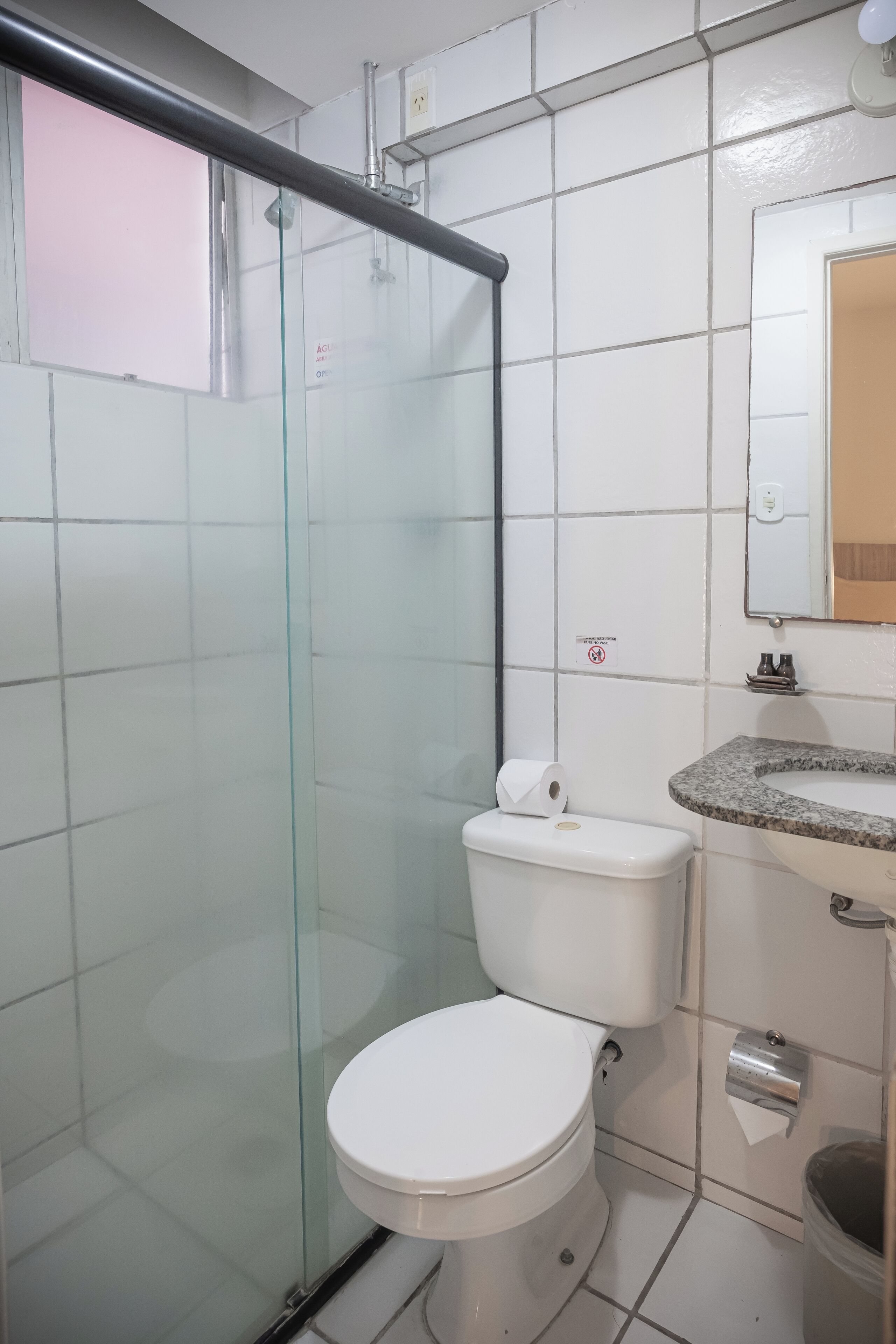 A bathroom with a glass shower enclosure, a white toilet, a granite sink, and a mirror above the sink.