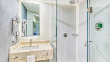 Ducha, cabezal de ducha tipo lluvia, secador de pelo, toallas