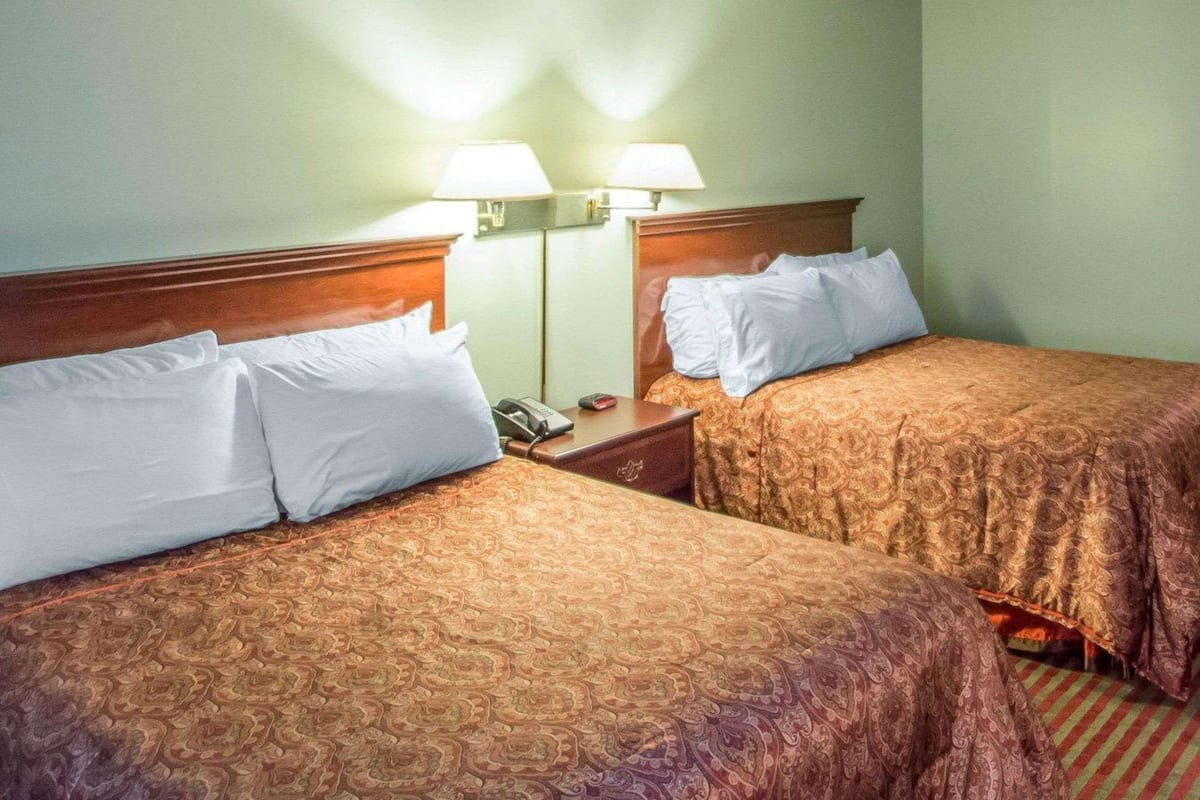 Habitación de hotel con dos camas, cada una con ropa blanca y cabeceros estampados. Hay dos lámparas de noche y un teléfono en la mesita.