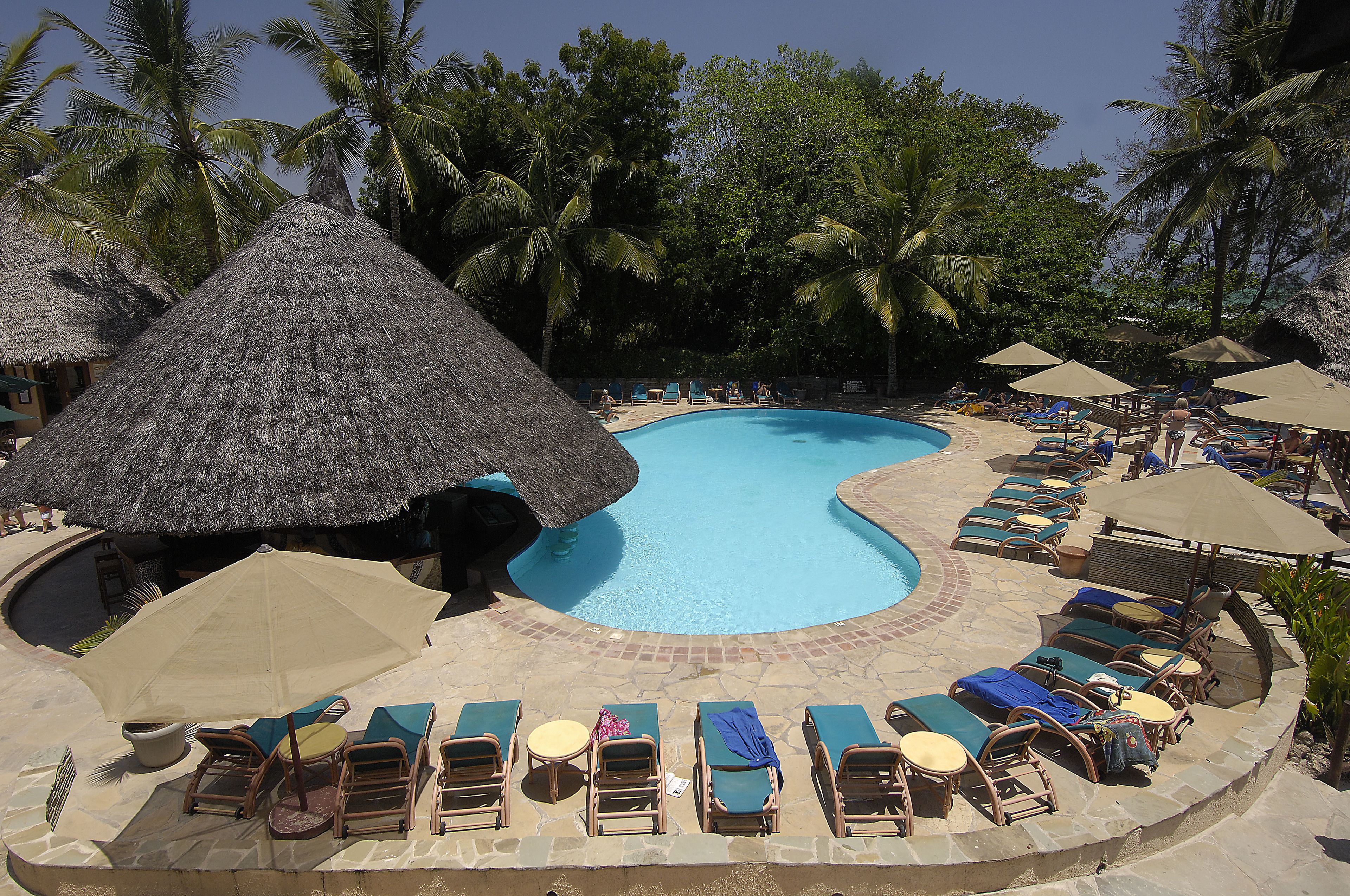 Alberca al aire libre, sombrillas en la alberca y camastros 