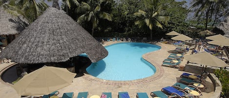 Outdoor pool, pool umbrellas, pool loungers