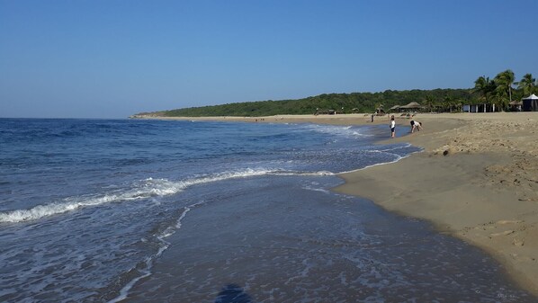 A beach with clear blue water, sandy shore, and a few people.