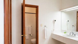 Un baño con inodoro, lavabo, espejo y secador de pelo.