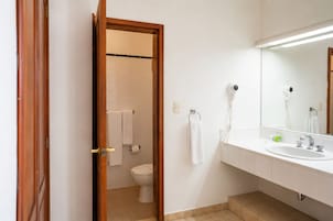 A bathroom with a toilet, a sink, a mirror, and a hairdryer.