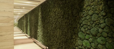 Un pasillo con pared verde y suelo de mármol.