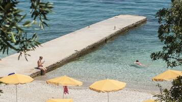 Privatstrand, Liegestühle, Sonnenschirme, Strandtücher