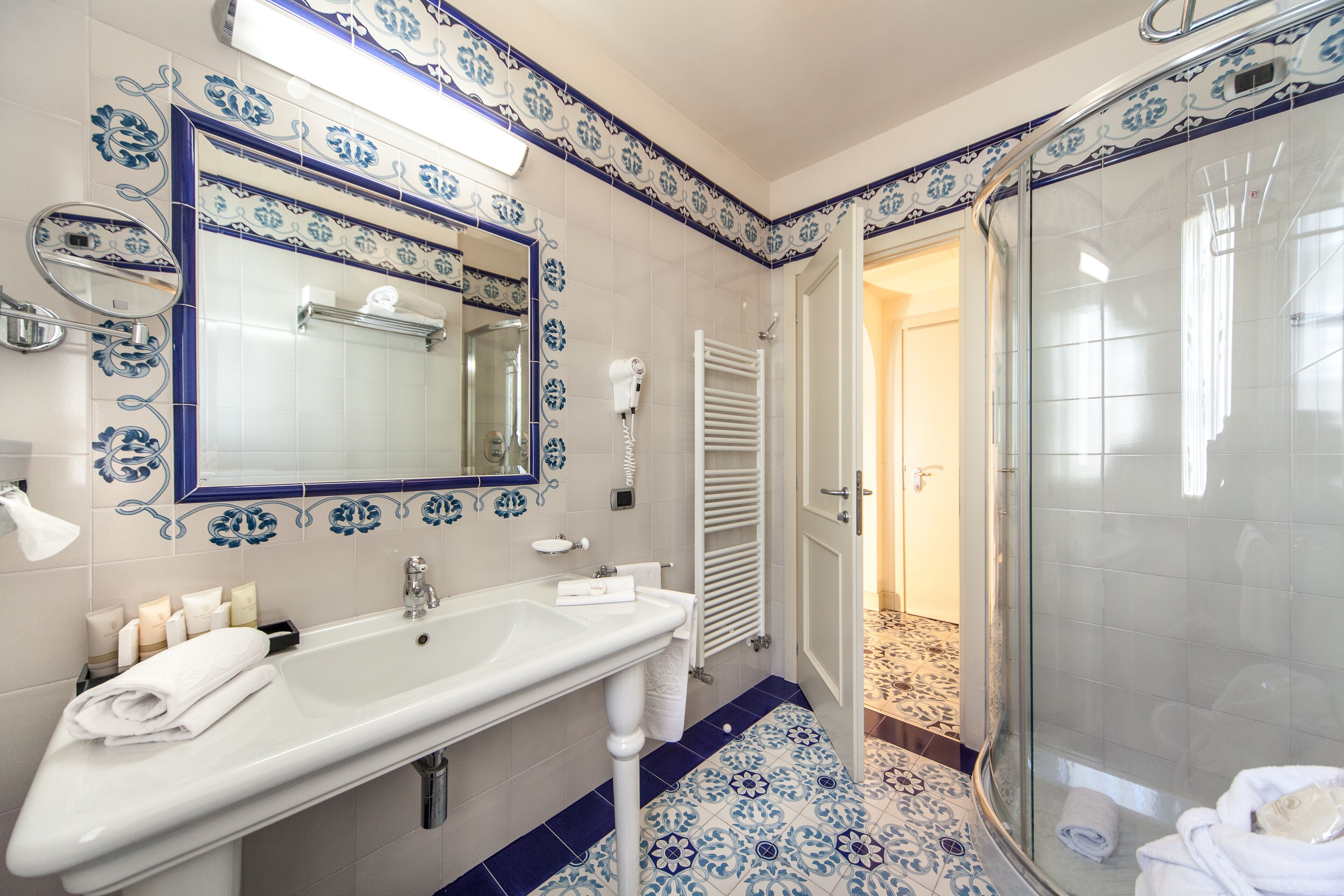 combined shower/bathtub, free toiletries, hair dryer, bathrobes