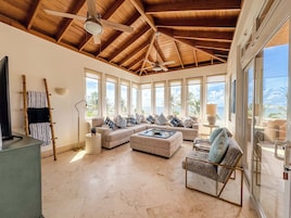 40-inch TV with cable channels, iPod dock