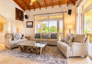 40-inch TV with cable channels, iPod dock