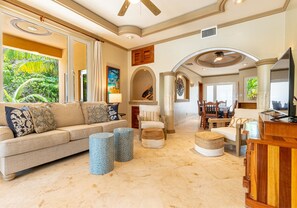 40-inch TV with cable channels, iPod dock