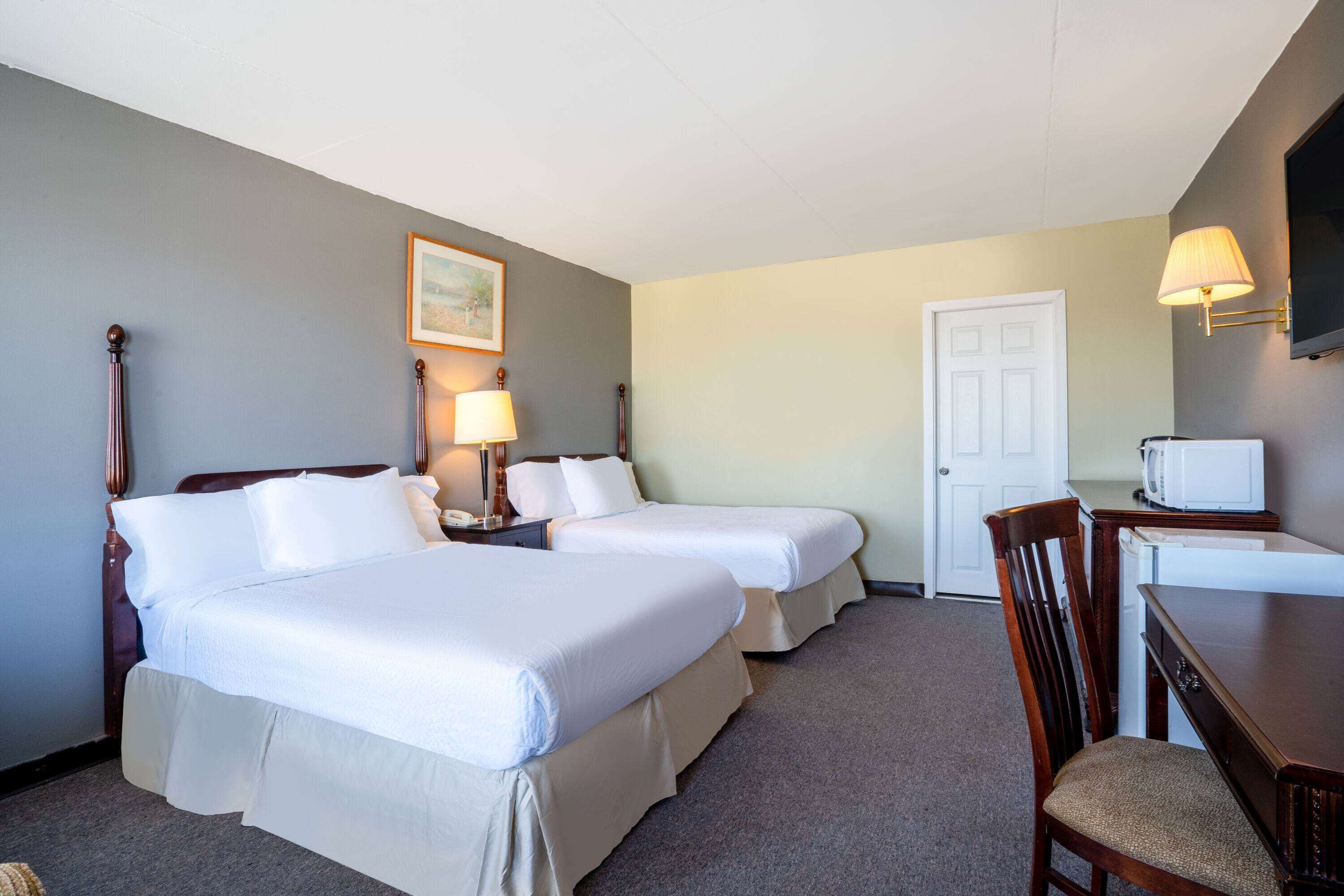 A hotel room with two beds, a desk, a chair, a TV, and a microwave.