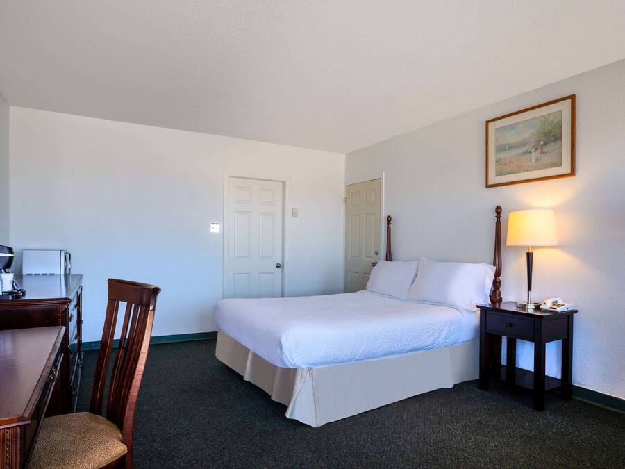 Habitación de hotel con cama, escritorio, silla, lámpara y un cuadro en la pared.