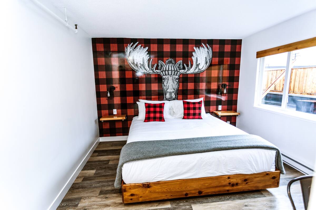A bedroom with a large bed, a checkered wall, and a window.