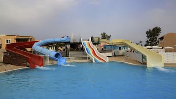 Un parco acquatico con diverse scivolate su una piscina.