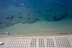 An aerial view of a beach with rows of umbrellas and a boat near the shore.