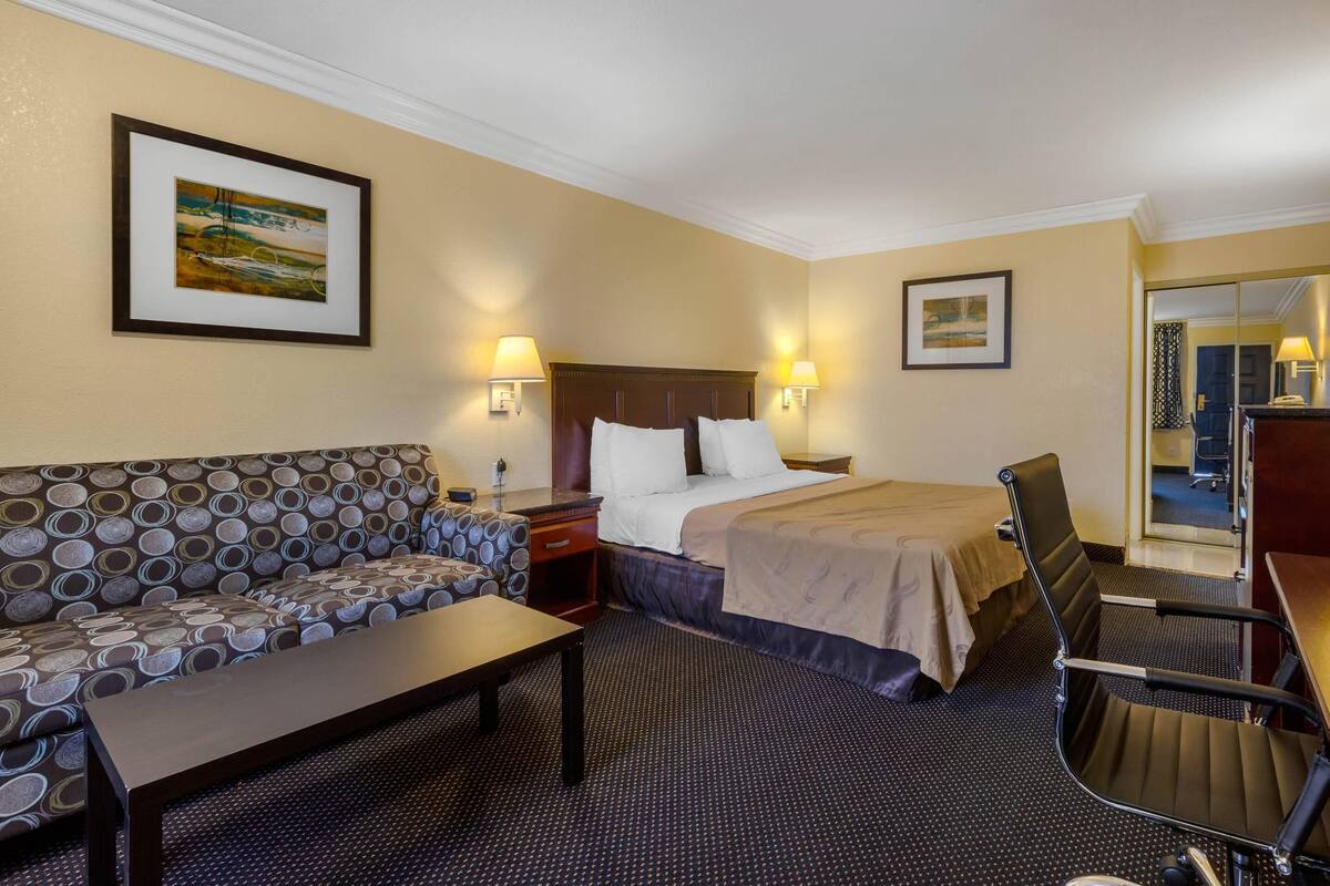 Una habitación de hotel con cama, sofá, escritorio y silla.