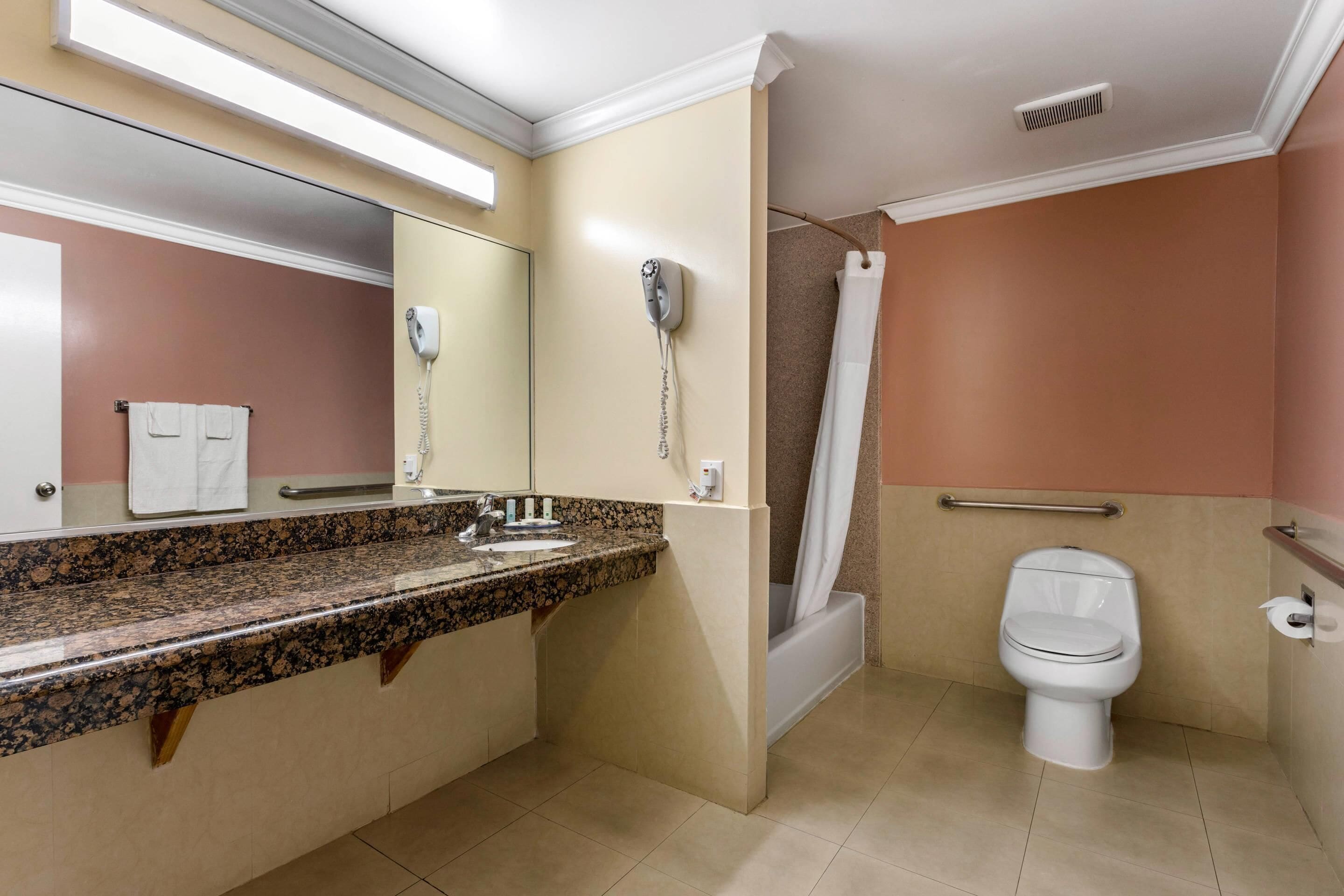 Une salle de bain avec un comptoir en granit, des toilettes blanches, une douche avec un rideau, un sèche-mains et un porte-serviettes.