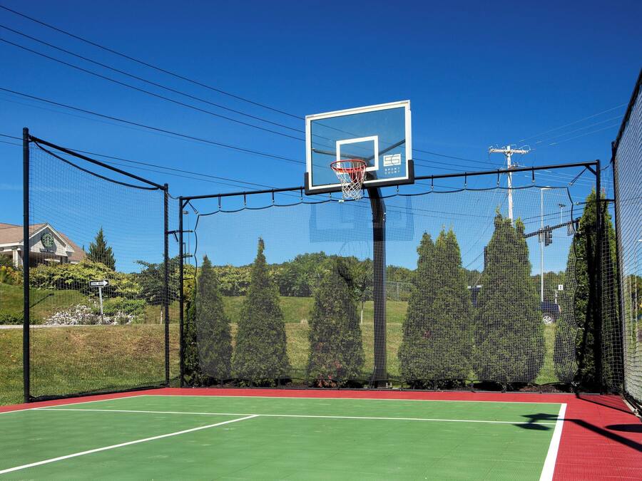 A basketball court with a netted enclosure, a basketball hoop, and a green playing surface.