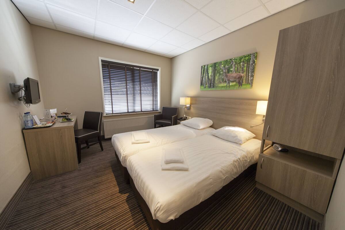 Een hotelkamer met een groot bed, een bureau met stoel, een raam met jaloezieën, een schilderij aan de muur en een kledingkast.