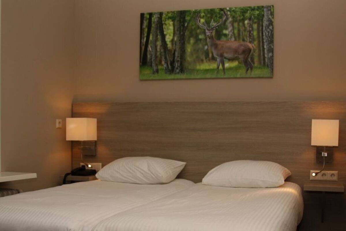 Een hotelkamer met een groot bed, twee bedlampen en een schilderij van een hert op de muur.