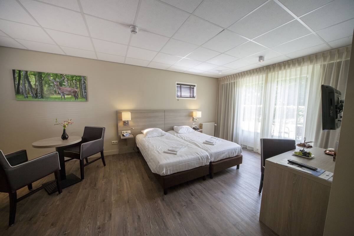 Een hotelkamer met een tweepersoonsbed, een bureau met stoel, een klein tafeltje met vaas, een schilderij van een hert en een tv op een standaard.