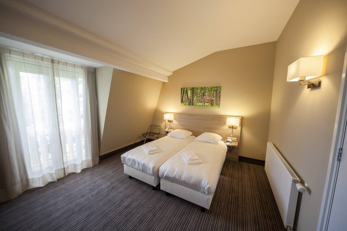 Een hotelkamer met twee bedden, een groot raam met dunne gordijnen, een schilderij van een boslandschap en een radiator aan de muur.