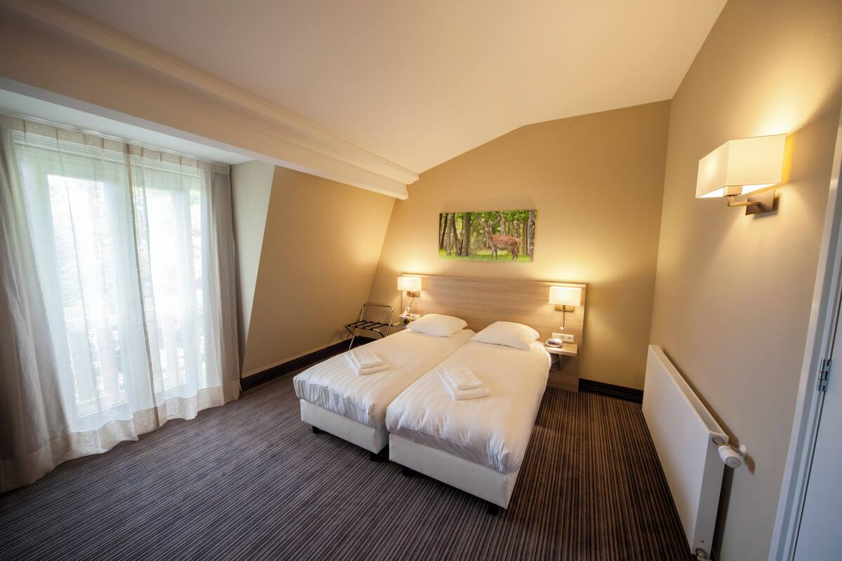 Hotelkamer met twee bedden, een groot raam met dunne gordijnen, een schilderij van een herten en een radiator.