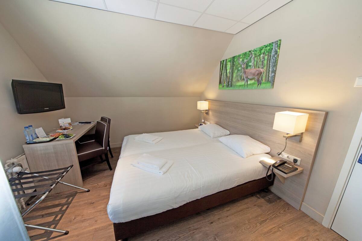Een hotelkamer met een bed, bureau, stoel, televisie en een schilderij van een hert.